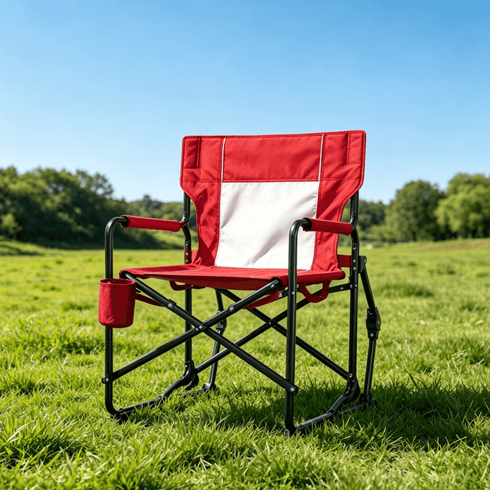 Blorly Folding Camping Rocking Chair, Heavy Duty Outdoor Rocker with Hard Armrest and Breathable Mesh Back, Smooth Motion Lawn Chair with Cup Holder for Patio, Campfire and Tailgating, Red