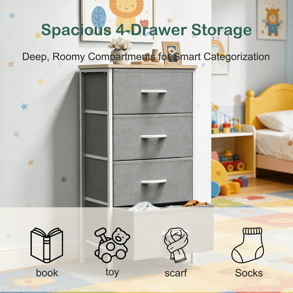 Aidoly 4-Tier Fabric Drawer Storage Cabinet with Wooden Top &amp; Metal Frame - Multi-Purpose Organizer for Bedroom, Living Room, Office