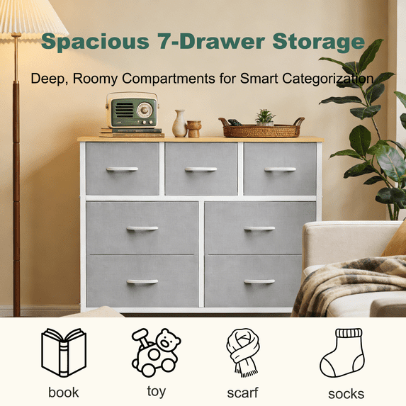 Aidoly Dresser for Bedroom, 7 Storage Drawers, Anti-Tip Wide Fabric Closet Organizer Tower Furniture, Wooden Top with Metal Frame