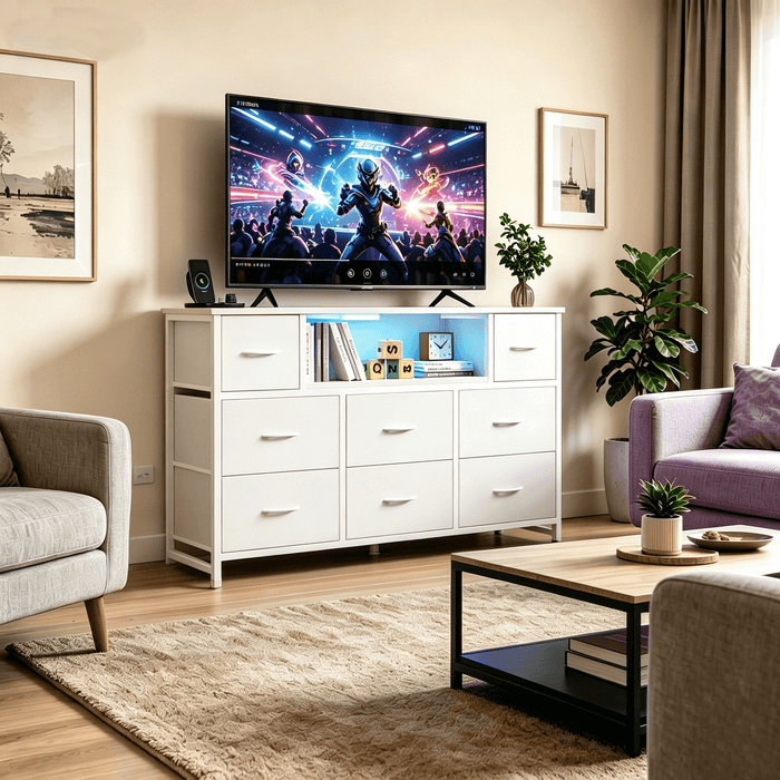 Blorly 8-Drawer TV Stand with LED Lights & Power Outlet, Entertainment Center with Open Storage Shelf, Tall Dresser for 50/55 inch TV, Media Console with Charging Station for Bedroom & Living Room, White