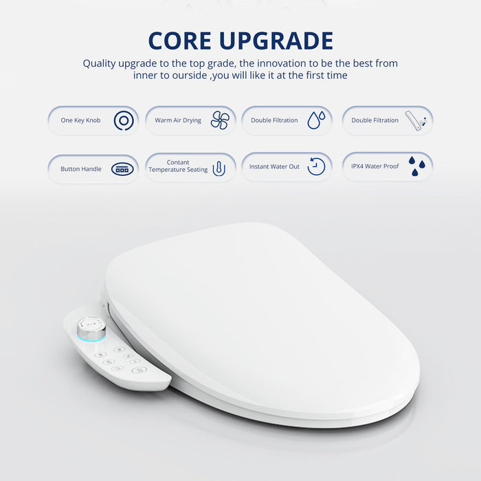 Smart Bidet Toilet Seat with Wireless Remote and Side Panel, Multiple Spray Modes, Adjustable Heated Seat, Warm Water and Air Dryer, Auto LED Nightlight, Round