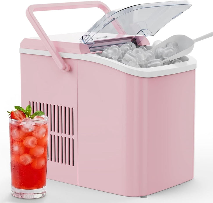Simenmax Portable Ice Maker, Countertop Ice Machine with Handle & Basket, Compact for Home, RV, Camping, Parties – Pink