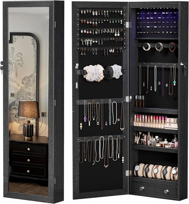 Simenmax 6 LED Mirror Jewelry Cabinet, 47.2" Lockable Wall/Door Mount Jewelry Armoire, Large Storage Organizer with Full-Length Mirror, 2 Drawers & Shelves (Black)
