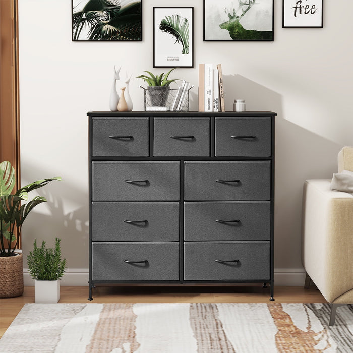 TINKLE WELL 9 Drawer Dresser, Wide Chest Of Drawers Nightstand Storage Tower Storage Dresser Fabric Dresser With Wood Top, Metal Frame, Gray