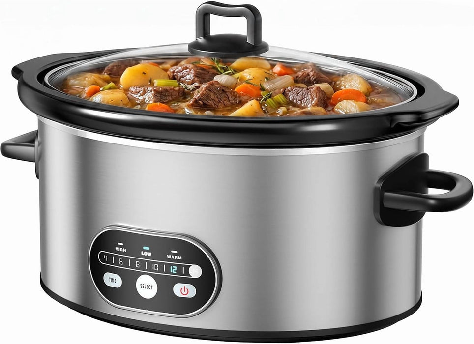Simenmax 6QT Programmable Slow Cooker, Nonstick Ceramic Coating, Dishwasher-Safe Stoneware with Timer,Silver