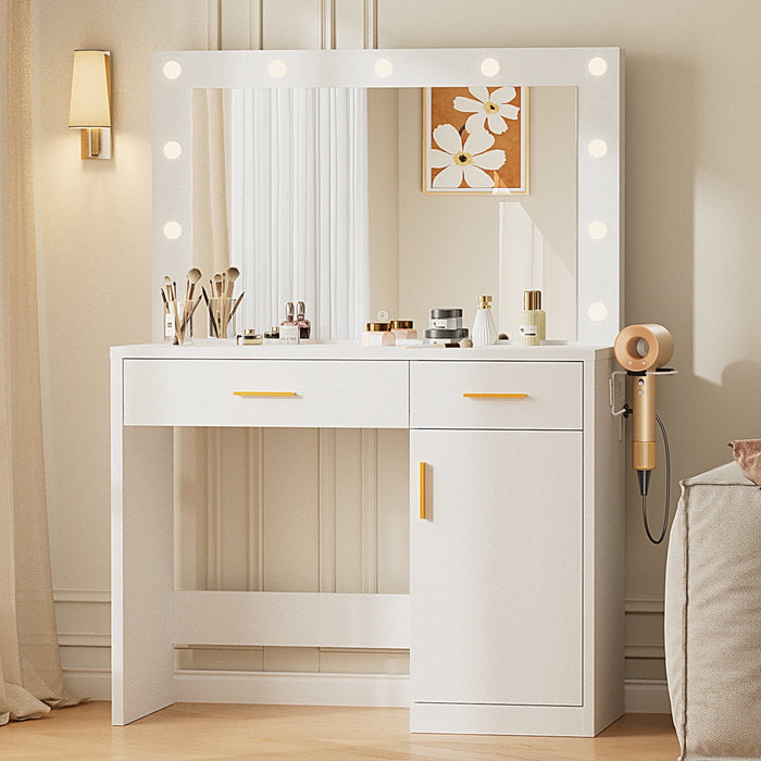 Blorly White Vanity Desk with Mirror, Makeup Vanity Table with Large LED Lights and Power Outlet, 2 Drawer, 1 Cabinet