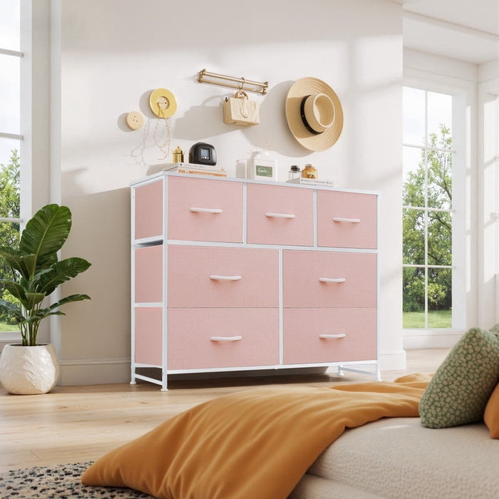 Taoset 7 Drawers Dresser, Storage Dresser Organizer with Drawers, Chest of Drawers, Dresser with Metal Frame and Wood Tabletop for Bedroom, Guest Room, Closet, Entryway, Nursery, Pink