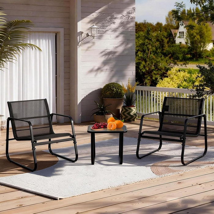 Betcozy 3-Piece Outdoor Bistro Set, Modern Patio Conversation Set with 2 Textilene Chairs and Glass Top Side Table, Anti-Rust Steel Frame Furniture for Porch, Backyard, Poolside (Black)