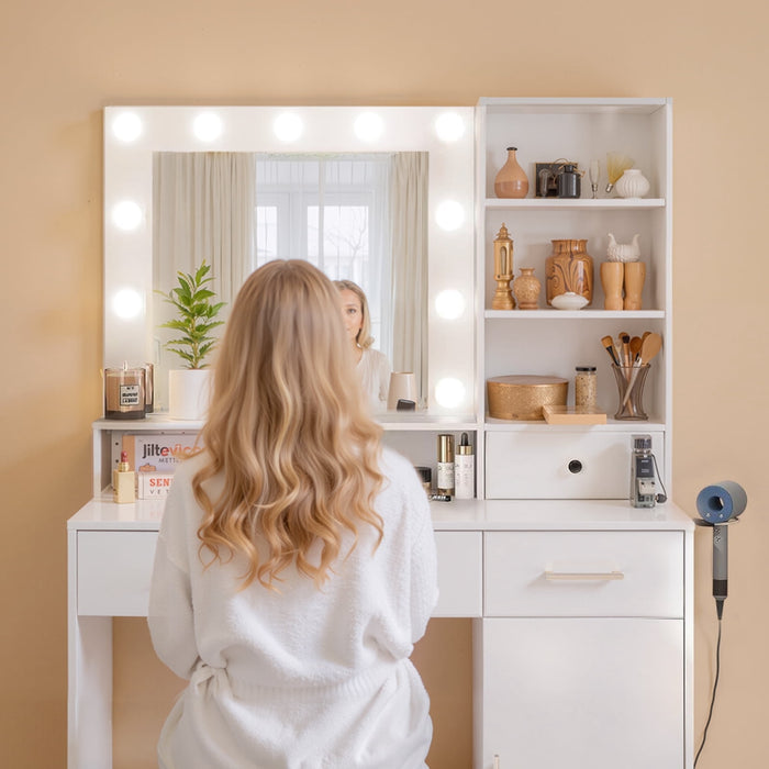 Nextay Vanity with Mirror and 11 LED Lights, Makeup Vanity Desk with 3 Drawer, 4 Shelves, 1 Cabinet, Dressing Table for Bedroom, White