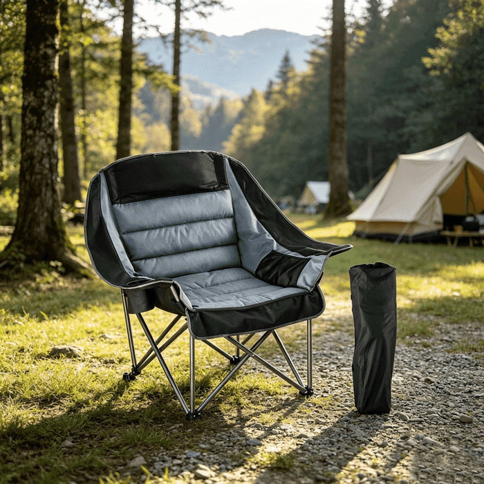 Taoset Oversized Padded Camping Chair, Heavy Duty Folding Camping Chair for Adults, Fully Cushioned Saucer Lounge Chair with Cup Holder and Carry Bag, Supports 500 lbs, Gray