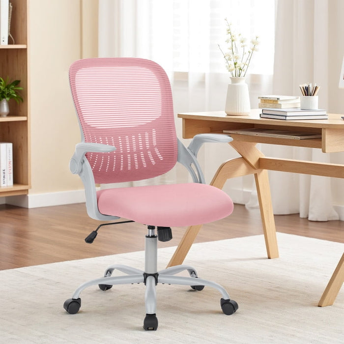 Betcozy Office Desk Chair, Ergonomic Mid-Back Mesh Chair with Wheels, Comfy Lumbar Support with Flip-up Arms for Home office, Gaming, Study, Pink