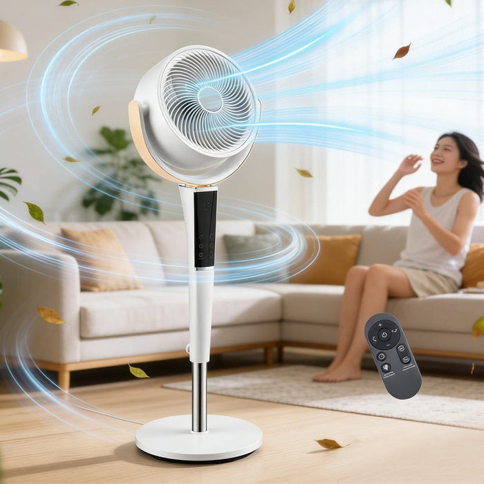 Simenmax Quiet Pedestal Fan, Motor Air Circulator with LED Light, 15 Speeds & 5 Modes, Standing Fan with Remote for Bedroom/Office,White
