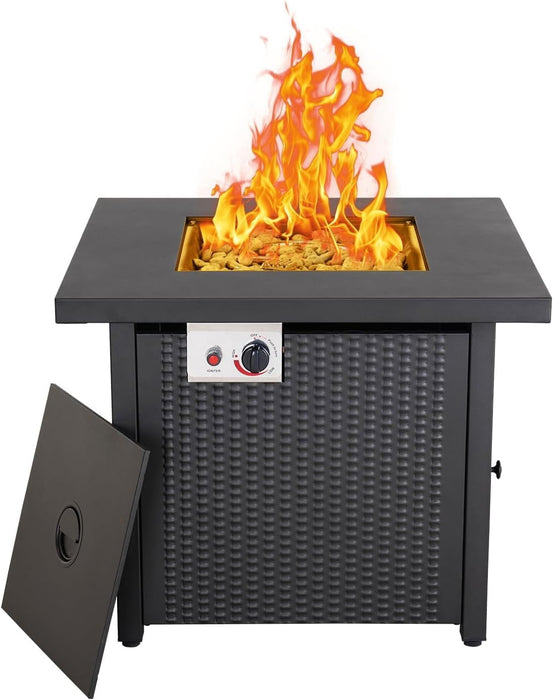 Betcozy Outdoor Fire Pit Table, 30 Inch Propane Fire Pit Table with Lid, 50,000 Btu Patio Tables with Lava Rocks, for Terrace, Deck, Backyard, Balcony, Black