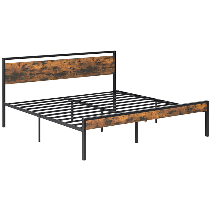Blorly King Size Industrial Metal Platform Bed Frame with Rustic Wooden Headboard and Footboard, Heavy Duty Steel Slat Support, No Box Spring Needed, Noise-Free, Easy Assembly, Rustic Brown