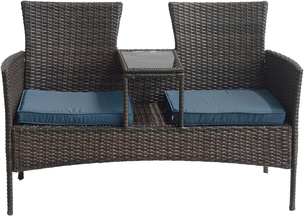 TINKLE WELL TINKLE WELL 2-Person Wicker Loveseat Outdoor Furniture Set with Built-In Table, Light Brown Blue