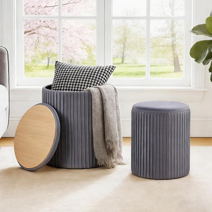 Simenmax 2-Pack Velvet Storage Ottomans – Round Vanity Stool & Foot Rest Set with Hidden Compartment, Space-Saving Nesting Design, Grey