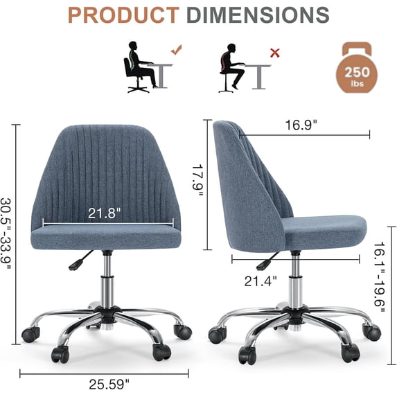 Armless Office Chair, Height Adjustable Swivel Desk Chair with Wheels, Modern Upholstered Task Seat for Home Office, Bedroom, Study and Makeup Vanity