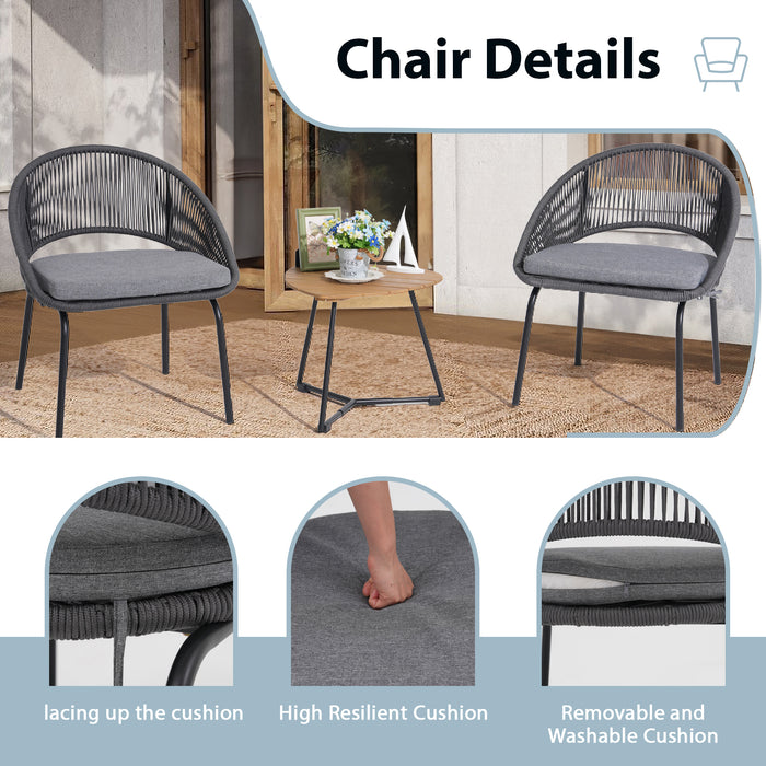 Bigleap 3 Piece Outdoor Bistro Set, Woven Rope Conversation Patio Set, All Weather Patio Furniture Chairs with Cushions and Coffee Table for Porch, Balcony, Garden, Backyard