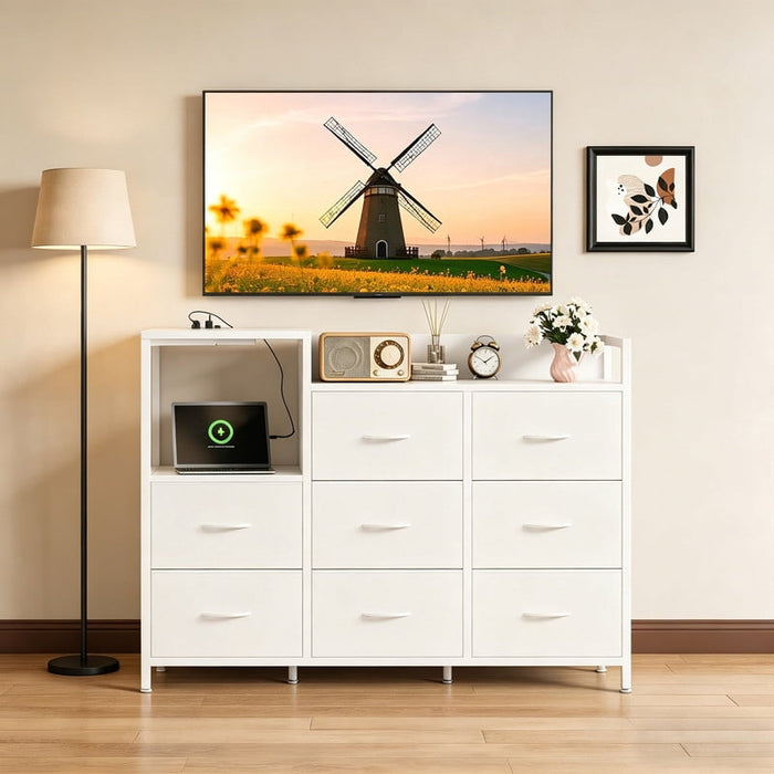 Betcozy Modern 8 Drawer Dresser with Charging Station, Wide Storage Chest with Open Display Shelves, Tall Fabric Dresser for Living Room, Media Console for Wall-Mounted TV, White