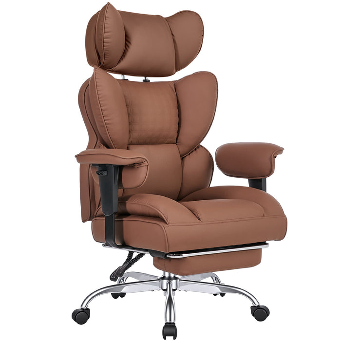 Big and Tall Office Chair, 350lbs Heavy Duty Ergonomic Reclining Desk Chair with Height Adjustable Armrests, Footrest, High Back Leather Computer Executive Chair for Home Office, Brown