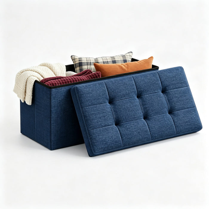 Taoset 30 Inch Foldable Linen Storage Ottoman Bench, 29 Gallon Tufted Upholstered Footstool,  Flip Top for Entryway Bedroom Small Room, Blue