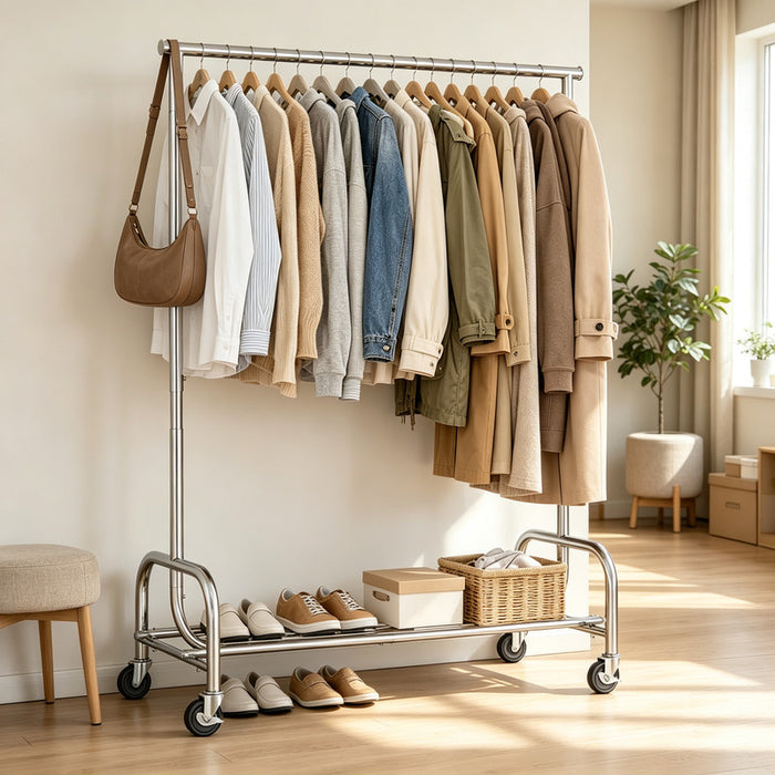 Rolling Garment Rack, Extendable Height & Width Adjustable Clothes Rack with Lockable Caster Wheels & Bottom Storage Shelf, Silver