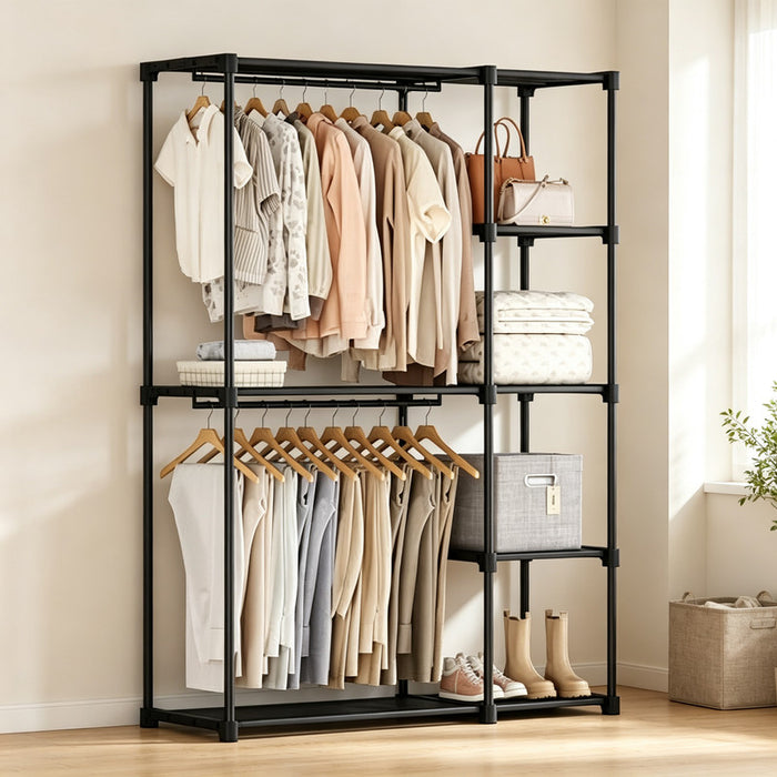 Betcozy Open Closet Organizer, 43.7" Width Double Hanging‑Rod Metal Garment Rack with Removable Multi‑Tier Storage Shelves