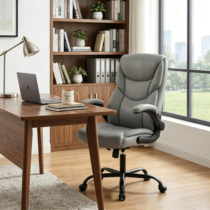 Betcozy Office Chair, Executive PU Leather Chair with Fixed Armrests, Ergonomic High Back Desk Chair with Lumbar Support, Thick Padded Home Office Chair, Heavy Duty Metal Base, Gray