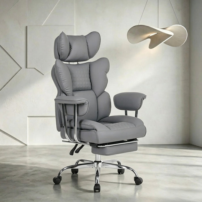 High‑Back Executive Office Chair，Retractable Footrest，Big & Tall Gaming Chair with Thicken Seat，350lbs Weight Capacity，PU Leather，135° Recline， Gray