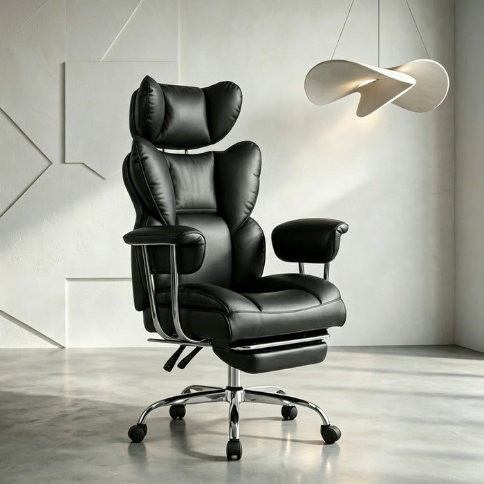 High‑Back Executive Office Chair，Retractable Footrest，Big & Tall Gaming Chair with Thicken Seat，350lbs Weight Capacity，PU Leather，135° Recline， Black