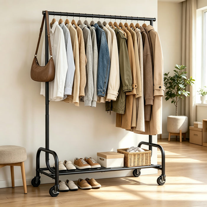 Rolling Garment Rack, Extendable Height & Width Adjustable Clothes Rack with Lockable Caster Wheels & Bottom Storage Shelf, Black