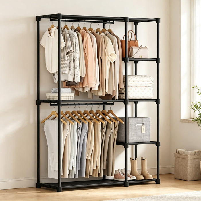 Betcozy Open Closet Organizer, 74.5" Width Double Hanging‑Rod Metal Garment Rack with Removable Multi‑Tier Storage Shelves