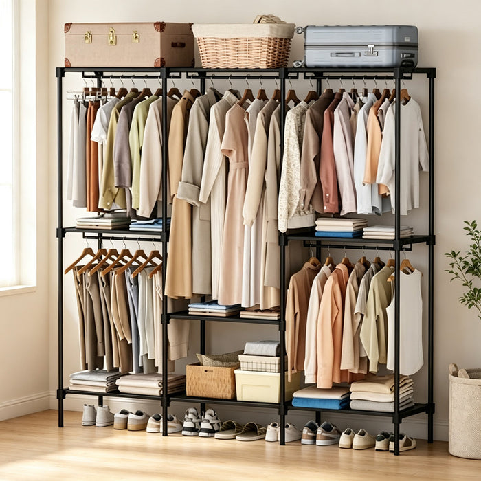 Betcozy Open Closet Organizer, 80.7" Width Double Hanging‑Rod Metal Garment Rack with Removable Multi‑Tier Storage Shelves