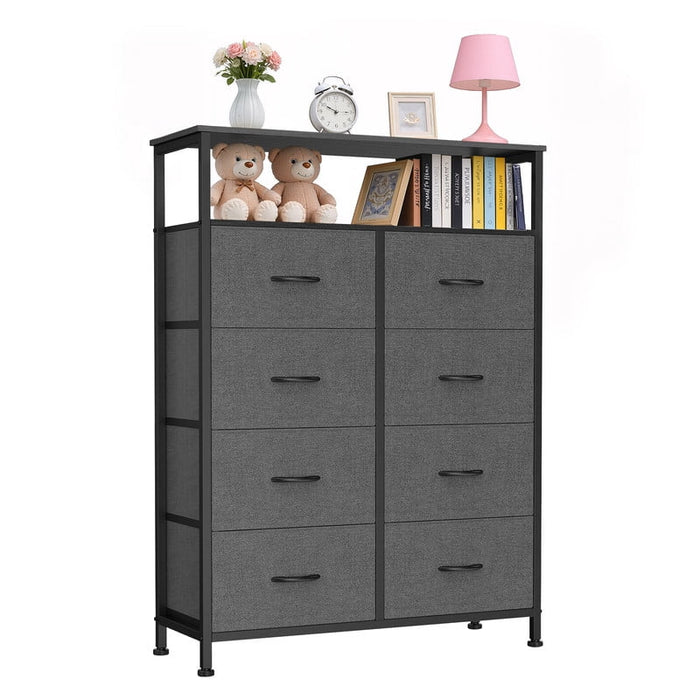 Simenmax 8-Drawer Fabric Dresser, Tall Vertical Chest of Drawers with Raised Shelf, Heavy-Duty Metal Frame Storage Tower with Fabric Bins for Closet, Hallway, Entryway,Gray