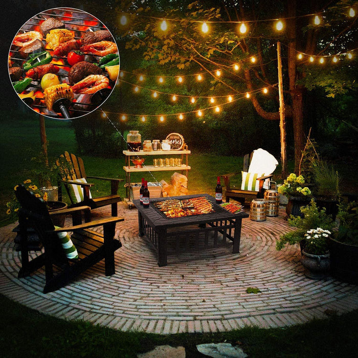 Yangming 32 inch Outdoor Fire Pit, Bonfire Wood Burning Fire Pit, Square Firepit Table with Spark Screen Cover Safe Mesh Lid and Poker for BBQ