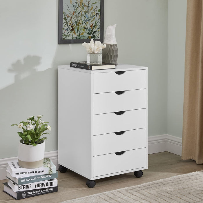 Taoset 5 Drawer Storage Organizer, 25.39'' Height File Cabinets Dressers With Wheels, Wood Underdesk Cabinet For Home Office, Bedroom, Study, White