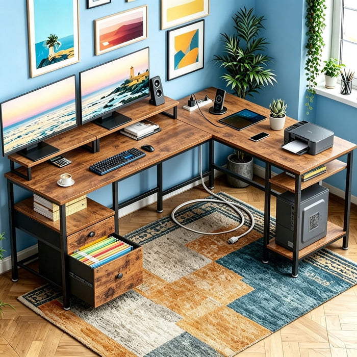 Betcozy 62" Reversible L-Shaped Desk with Power Outlet, Monitor Stand, File Drawer & Storage Shelves for Dual Monitors & Printer, Rust Brown