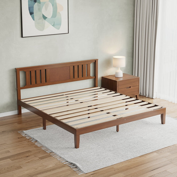 Blorly Wood Bed Frame with Headboard, Mid-Century Modern Wooden Bedframe, Solid Mattress Foundation with Wood Slat Support, No Box Spring Needed, Walnut/Rustic Brown, King