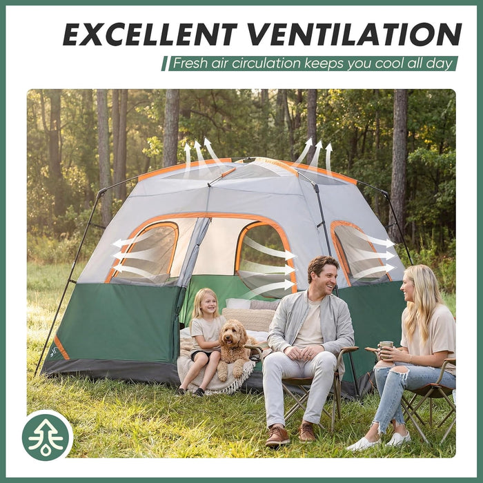 Betcozy Heavy Duty Camping Tent 6 Person, All-Weather Waterproof Cabin Tent with Reinforced Steel Poles, Quick Assembly Instant Family Tent, High-Ventilation Mesh Windows for Hiking, Fishing, Outdoor, Green