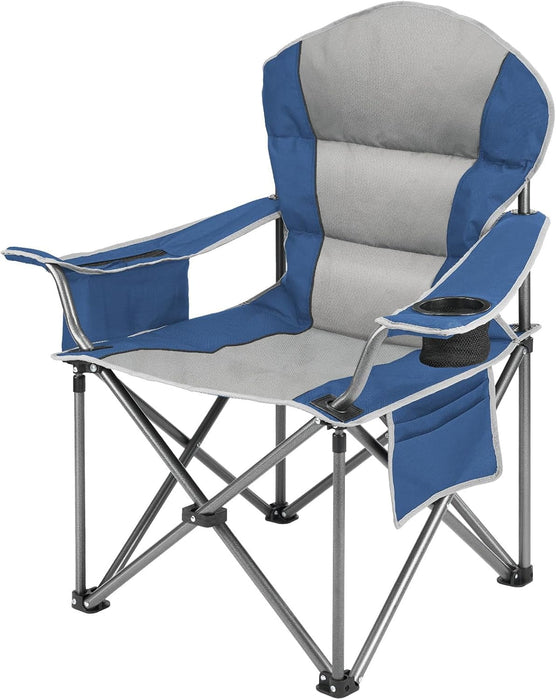 Blorly Oversized Camping Chair, Folding Chairs with Padded Back and Armrest, Steel Frame with Cooler Bag, Storage Netting Cup Holder, Blue