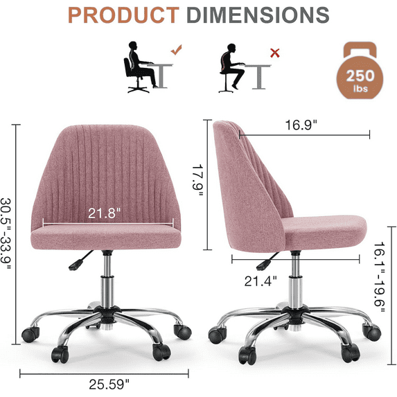 Armless Office Chair, Height Adjustable Swivel Desk Chair with Wheels, Modern Upholstered Task Seat for Home Office, Bedroom, Study and Makeup Vanity