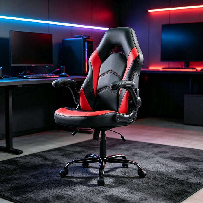 Taoset PU Leather Video Game Chair with Headrest and Lumbar Pillow, Fixed Armrests, Tilt‑Lock for Gaming Room, Red