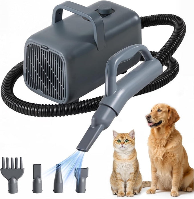 Simenmax Pet Grooming Dryer, 1550W Low-Noise Dog & Cat Blow Dryer with 9 Heat/Speed Settings, Cool-Warm-Hot Cycle, 4 Nozzles, 6.5FT Hose, Gray