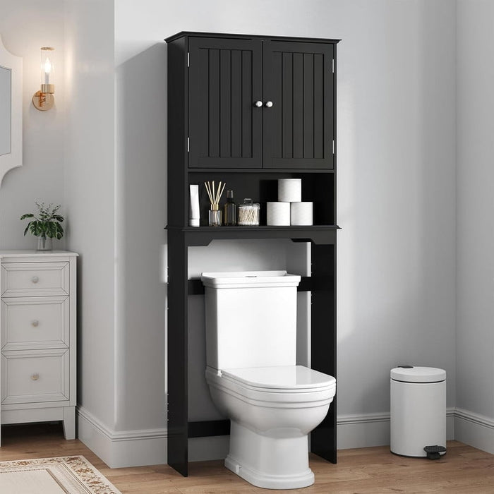 Simenmax Over the Toilet Storage Cabinet, Bathroom Space Saver with Double Doors & Adjustable Shelf, Freestanding Toilet Rack for Small Bathroom, Black
