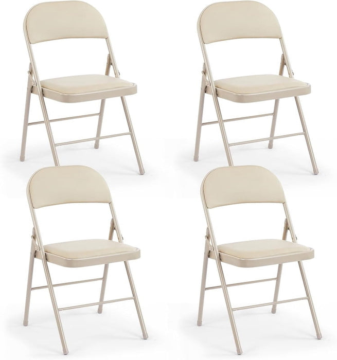 Bigleap 4-Pack Folding Chairs with Leather Padded Seat & Back – Portable Dining Chairs for Home, Office, Party, Camping, Khaki