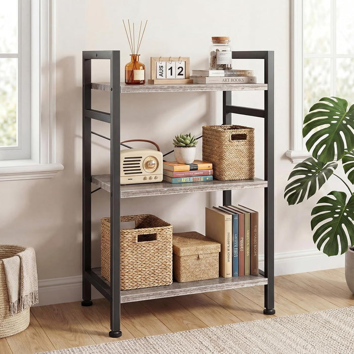 Blorly Bookshelf, 3 Tier Industrial Storage Shelf, Compact Metal & Wooden Bookcase for Small Spaces, Bedroom, Easy Assembly, Gray