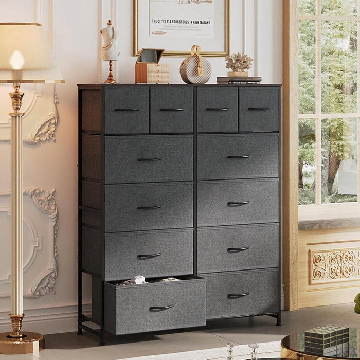 Bigleap 12-Drawer Tall Dresser, Fabric Storage Tower with Steel Frame & Wood Top – Space-Saving Chest for Bedroom, Closet, Entryway,Gray