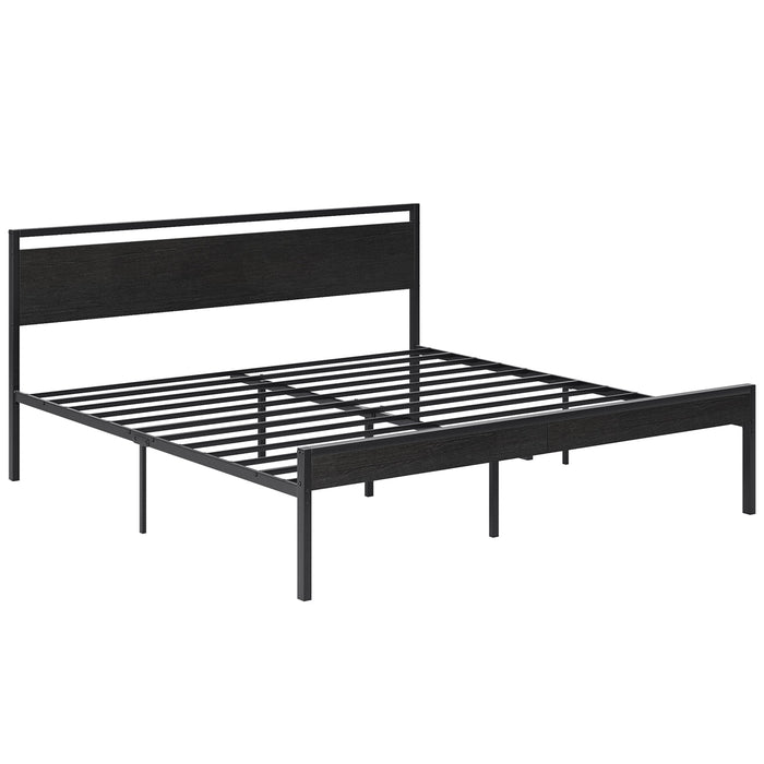 Blorly King Size Modern Metal Platform Bed Frame with Black Oak Wooden Headboard and Footboard, Heavy Duty Steel Slat Support, No Box Spring Needed, Noise-Free, Easy Assembly, Sleek Charcoal Black