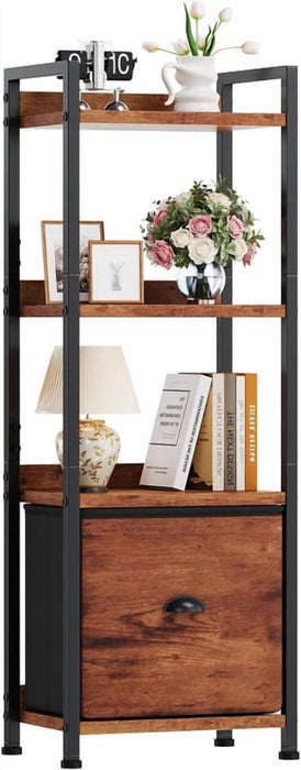 Simenmax 4-Tier Bookshelf, Floor Standing Storage Rack with Fabric Drawer, Space-Saving Bookcase for Bedroom Living Room Home Office,Brown
