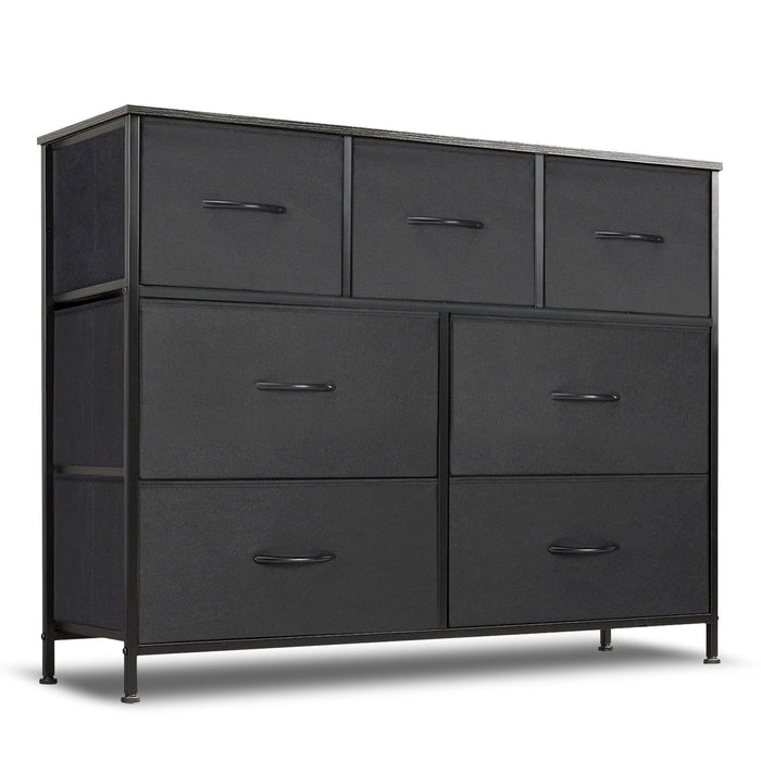 Simenmax 7 Drawer Dresser for Bedroom, Fabric Storage Dresser for Bedroom, Wood and Metal Dresser TV Stand for Living Room, Storage Tower with Bins, Chest of Drawers for Closet, Hallway,Black